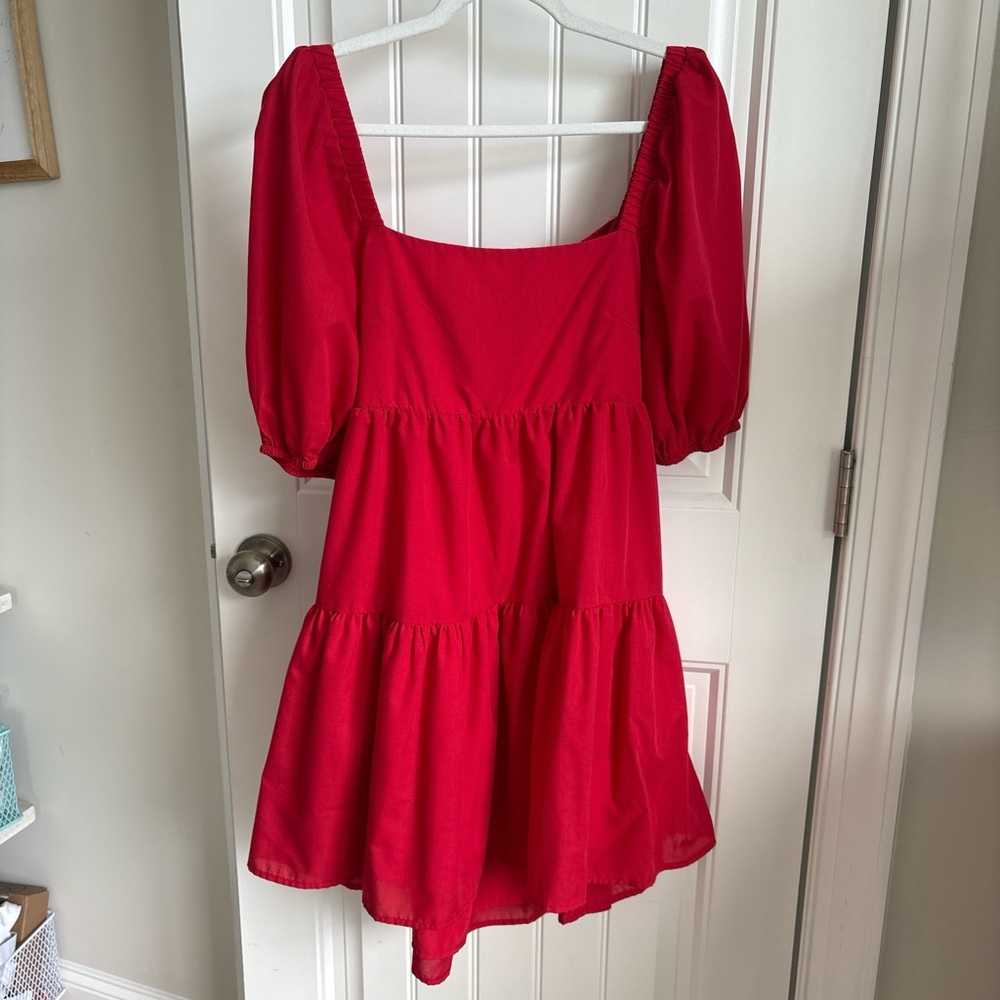 Shy Velvet Red Tiered Puff Sleeve Mini Dress